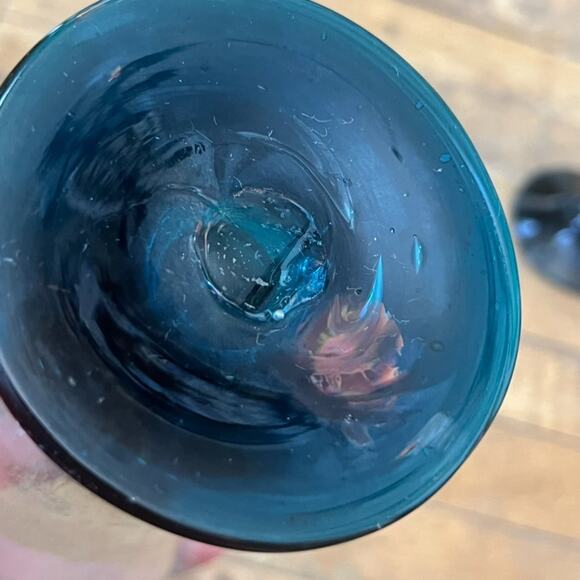 Blue & Green Goblet Wine Glasses Set of 3 Handblown Bubbles Mexico - Picture 12 of 15